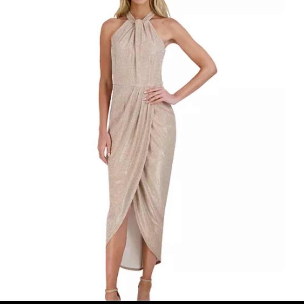 Julia Jordan Knot-Neck Tulip-Hem Midi Dress Taupe/Silver size 2 nwt